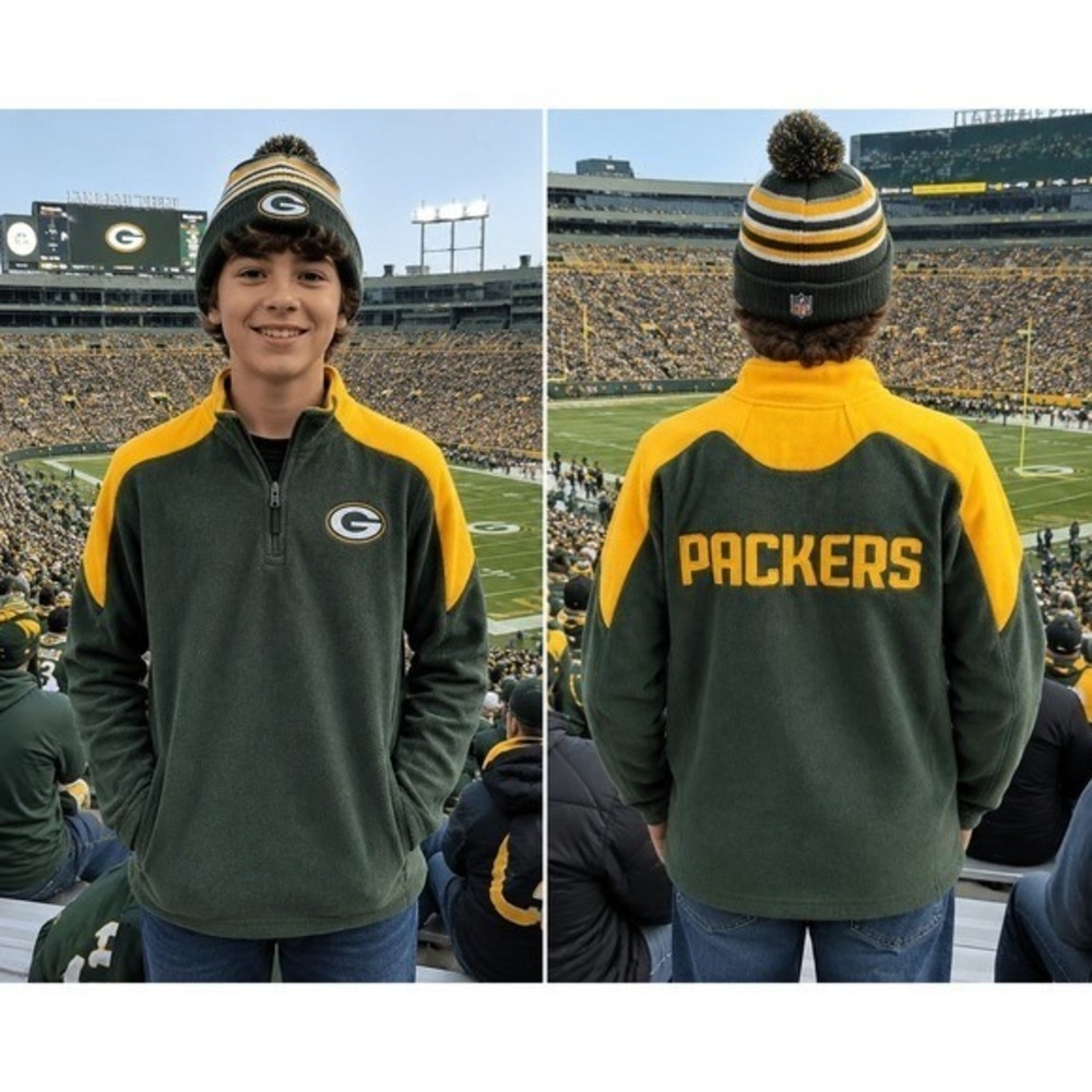 NFL Team Apparel Green Bay Packers Youth XL Fleece 1/4 Zip Pullover Green/Gold